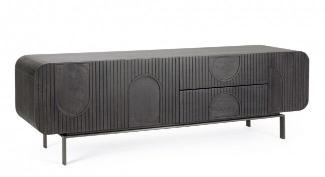 Komoda TV ORISSA iz mangovega lesa - 3 vratca in 2 predala 172x44x55 cm črna