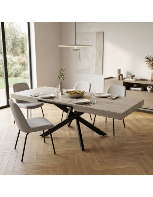 Raztegljiva jedilna miza DARREN naravni videz z venami in črno konstrukcijo 160/240 × 90