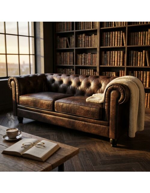 3-SEDEŽINA SOFA CHESTERFIELD IZ EKOLOŠKEGA USNJA V VINTAGE RJAVI