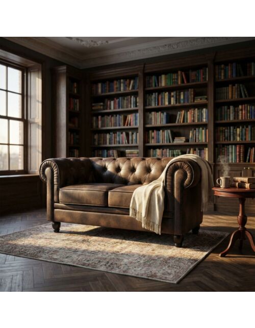 KAVČ DVOSED CHESTERFIELD IZ EKOLOŠKEGA USNJA VINTAGE RJAVE